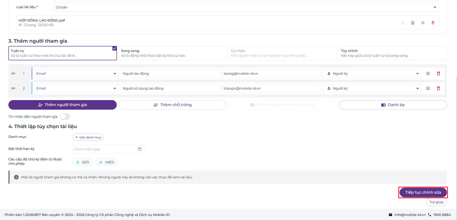 Continue editing button to draft the contract