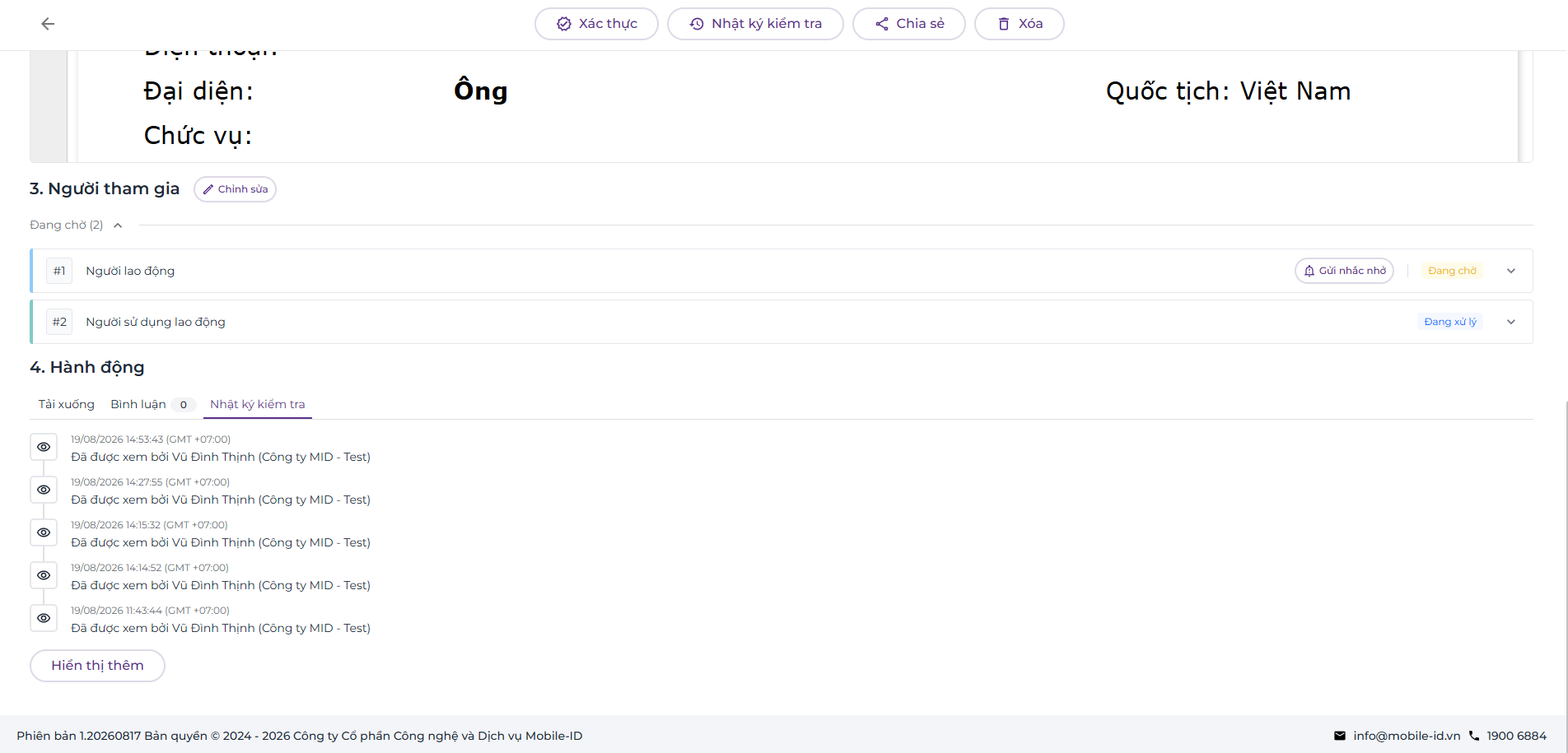 Audit log — timestamps for each action